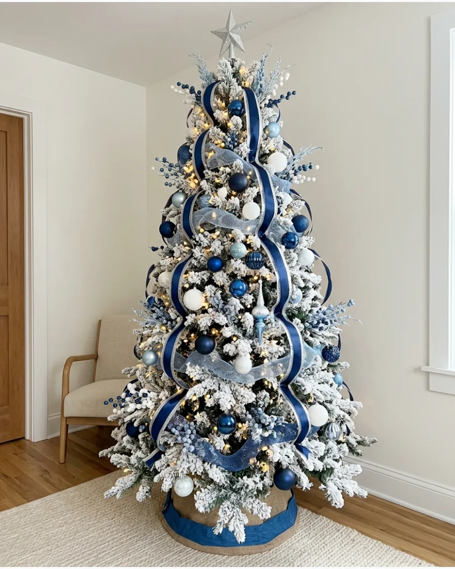 2. Flocked Blue and White Christmas Tree