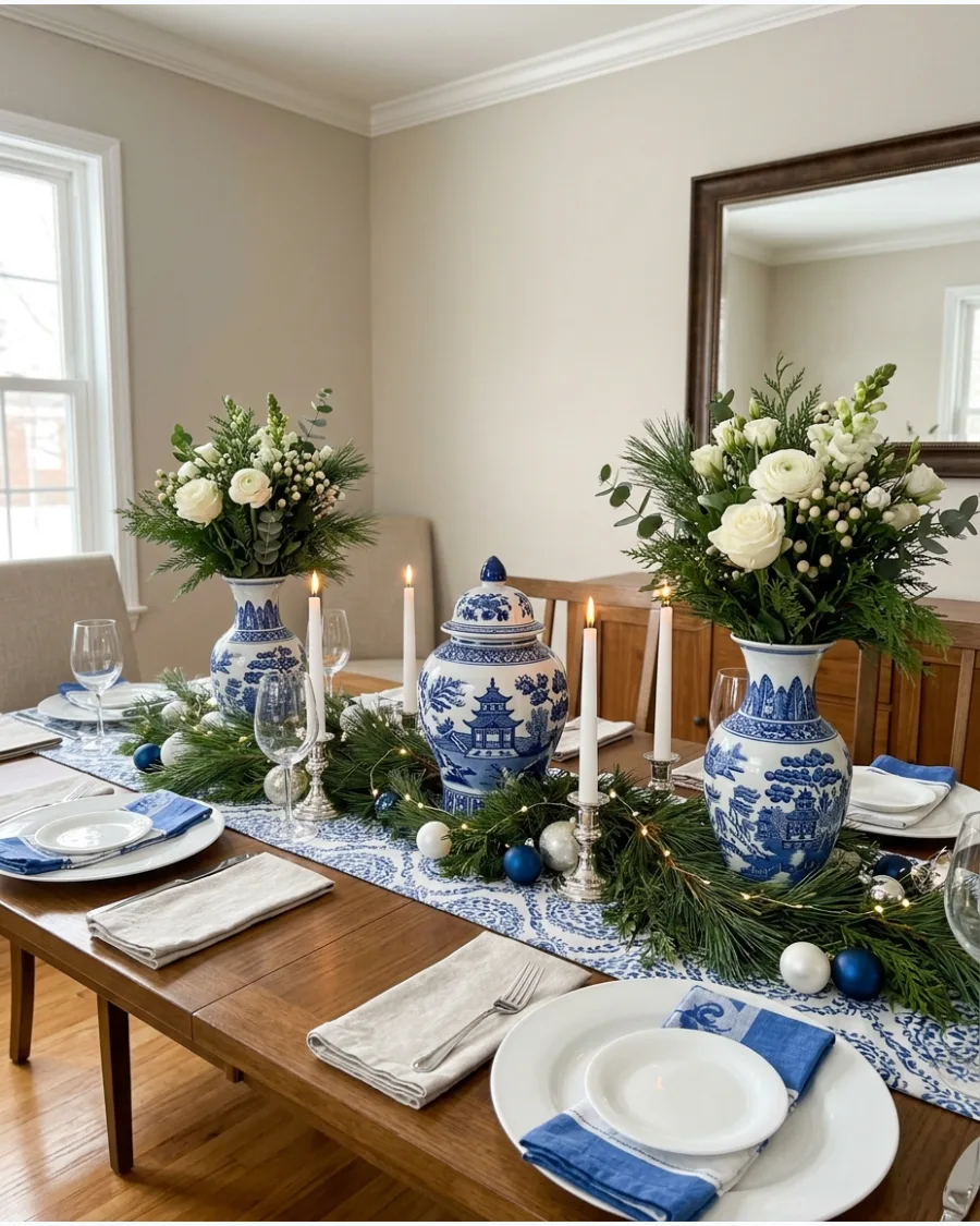 22. Blue and White Porcelain Christmas Centerpiece