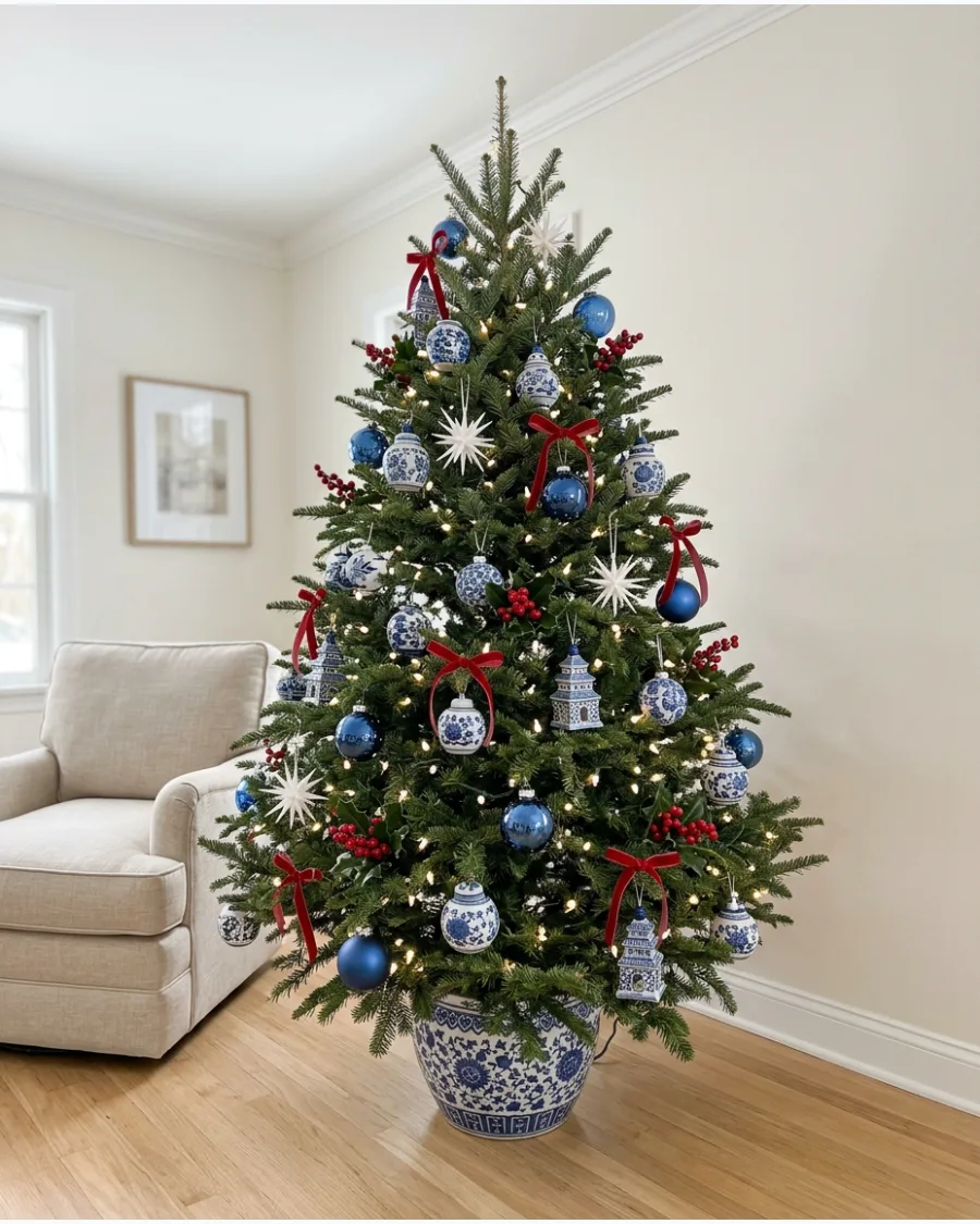 23. Chinoiserie Christmas Tree With Red Accents
