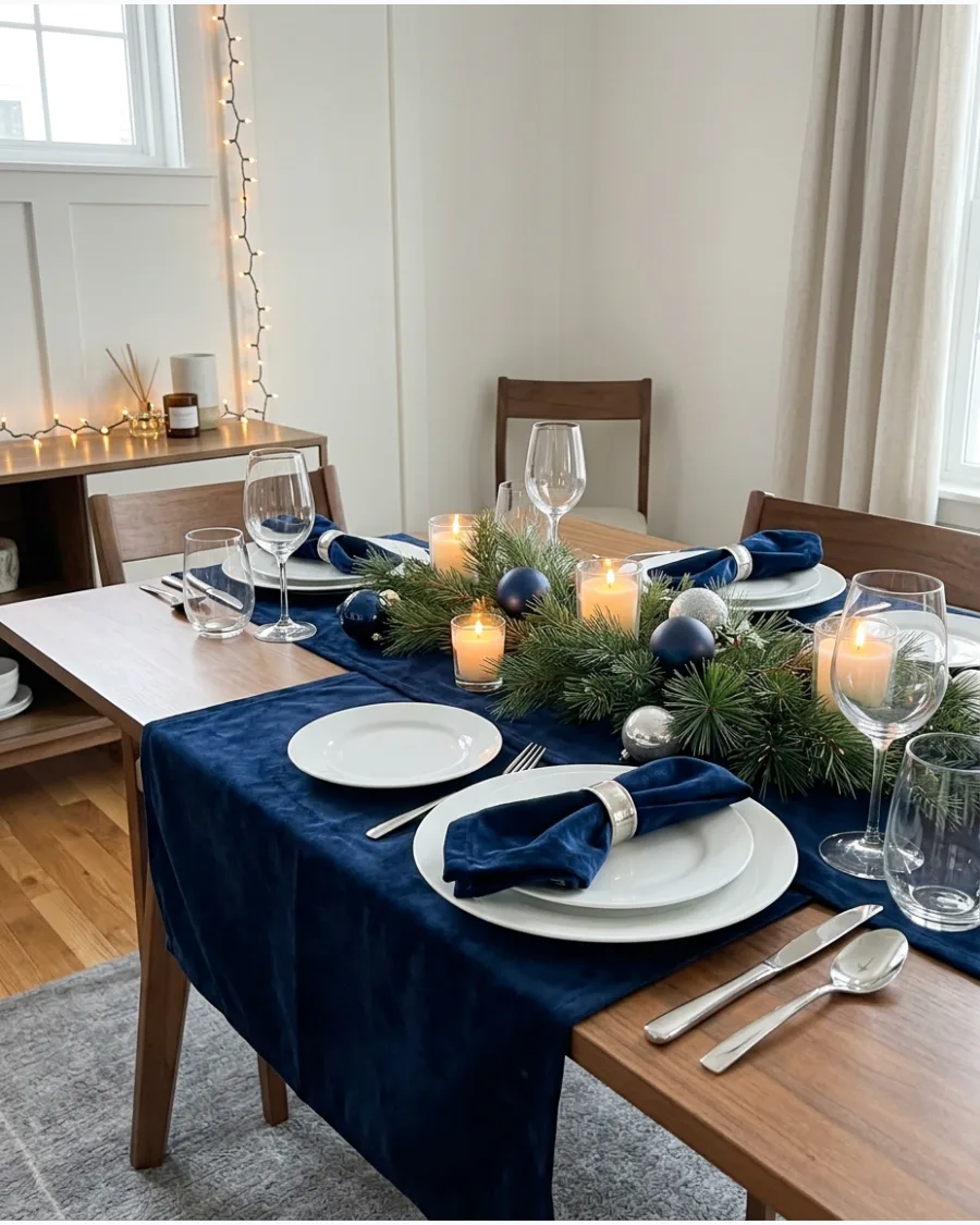25. Navy Blue Velvet Christmas Tablescape