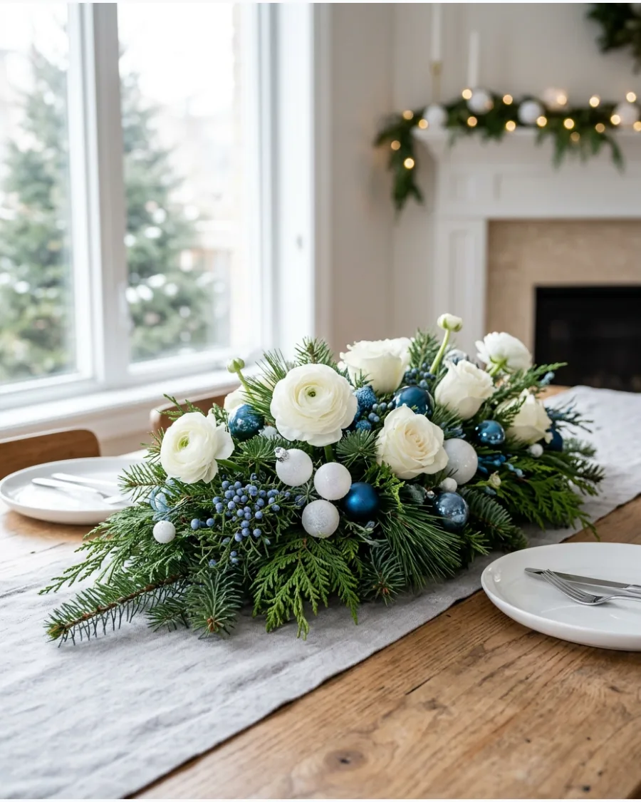 26. Blue and White Christmas Centerpiece