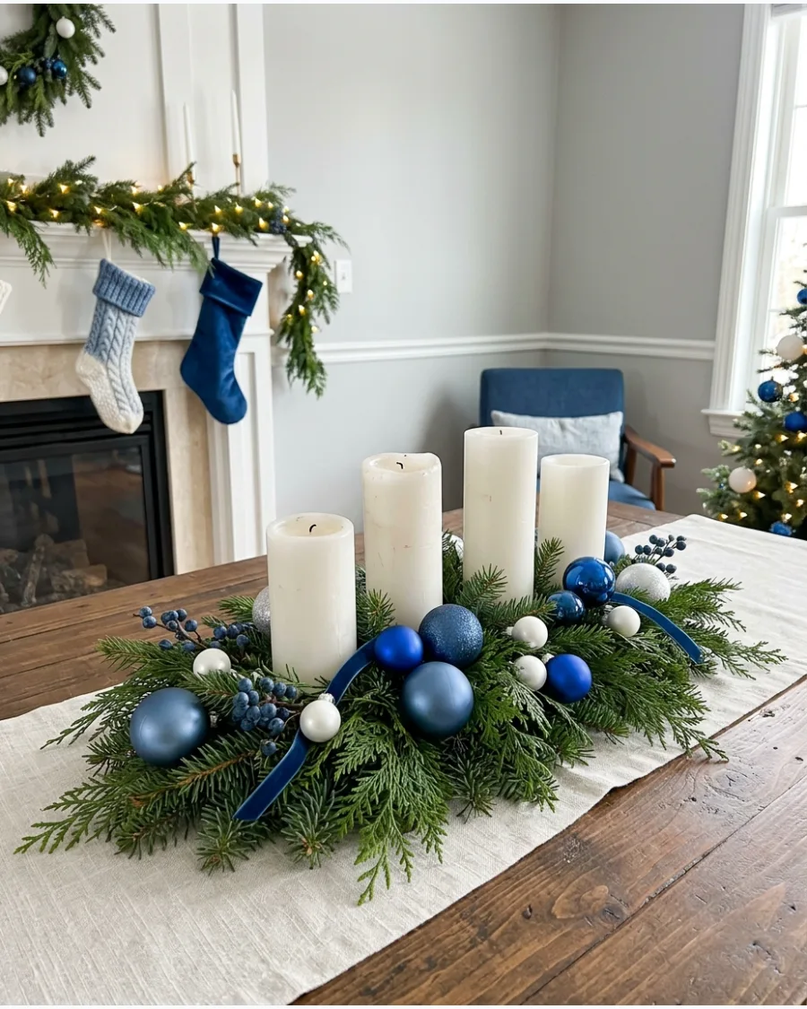 29. Blue and White Candle Christmas Centerpiece