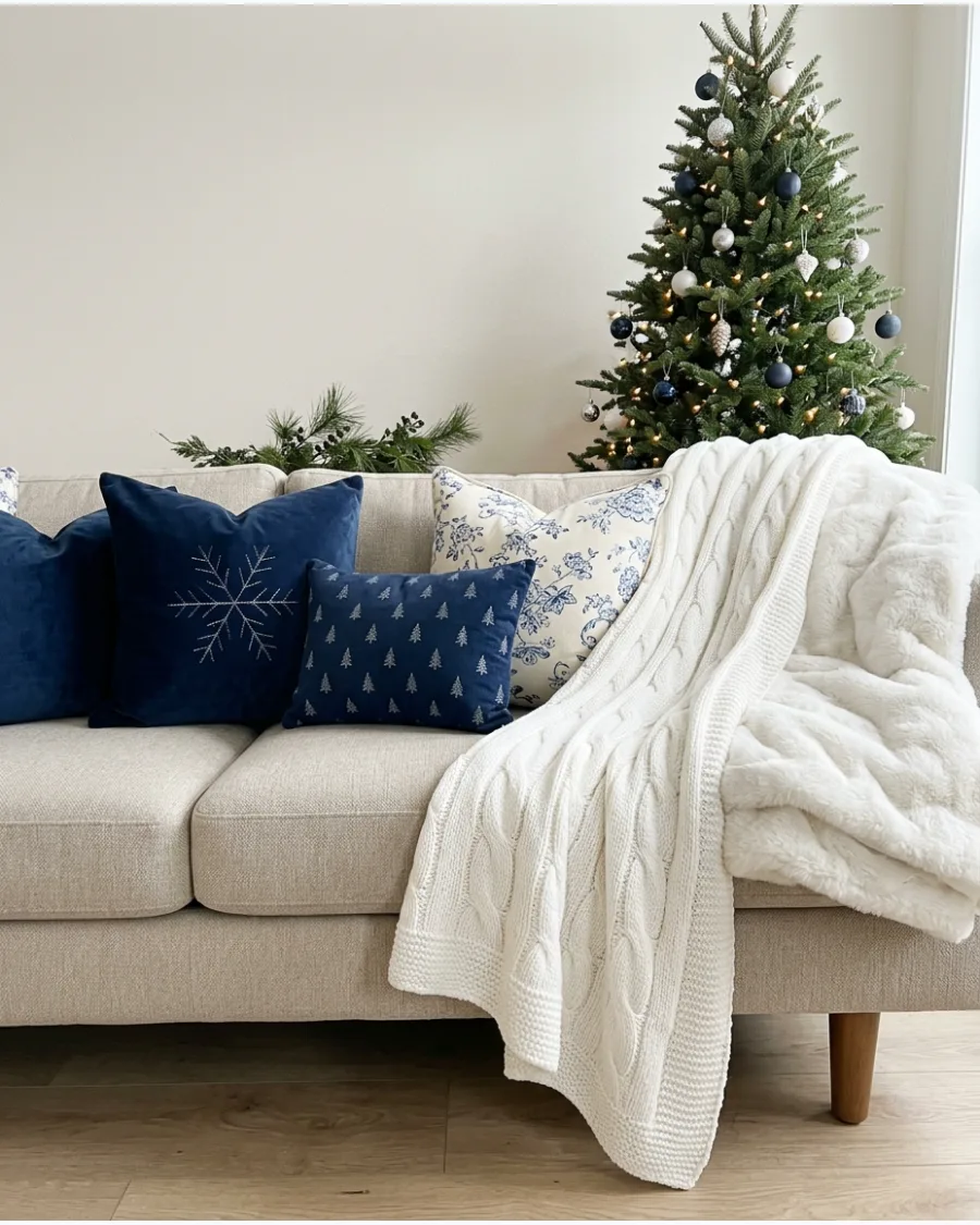 32. Navy Blue Christmas Pillows and White Throws