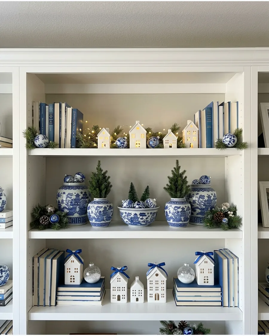 34. Blue and White Christmas Bookshelf Styling