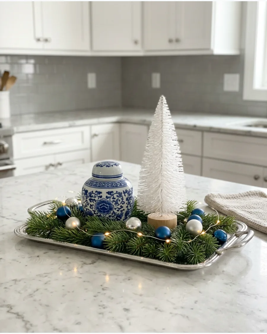 35. Blue and White Christmas Tray Display