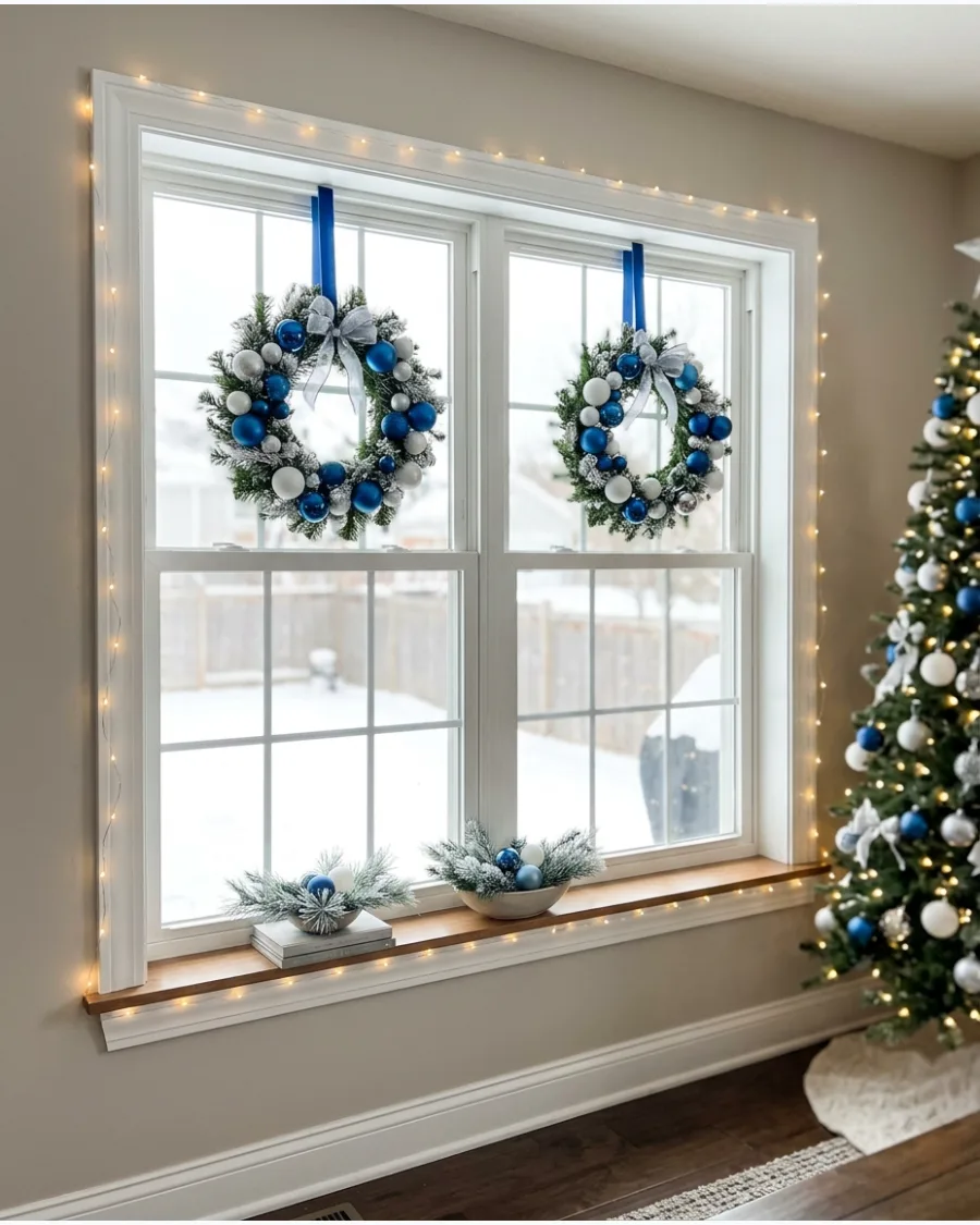 36. Blue and White Christmas Window Decor