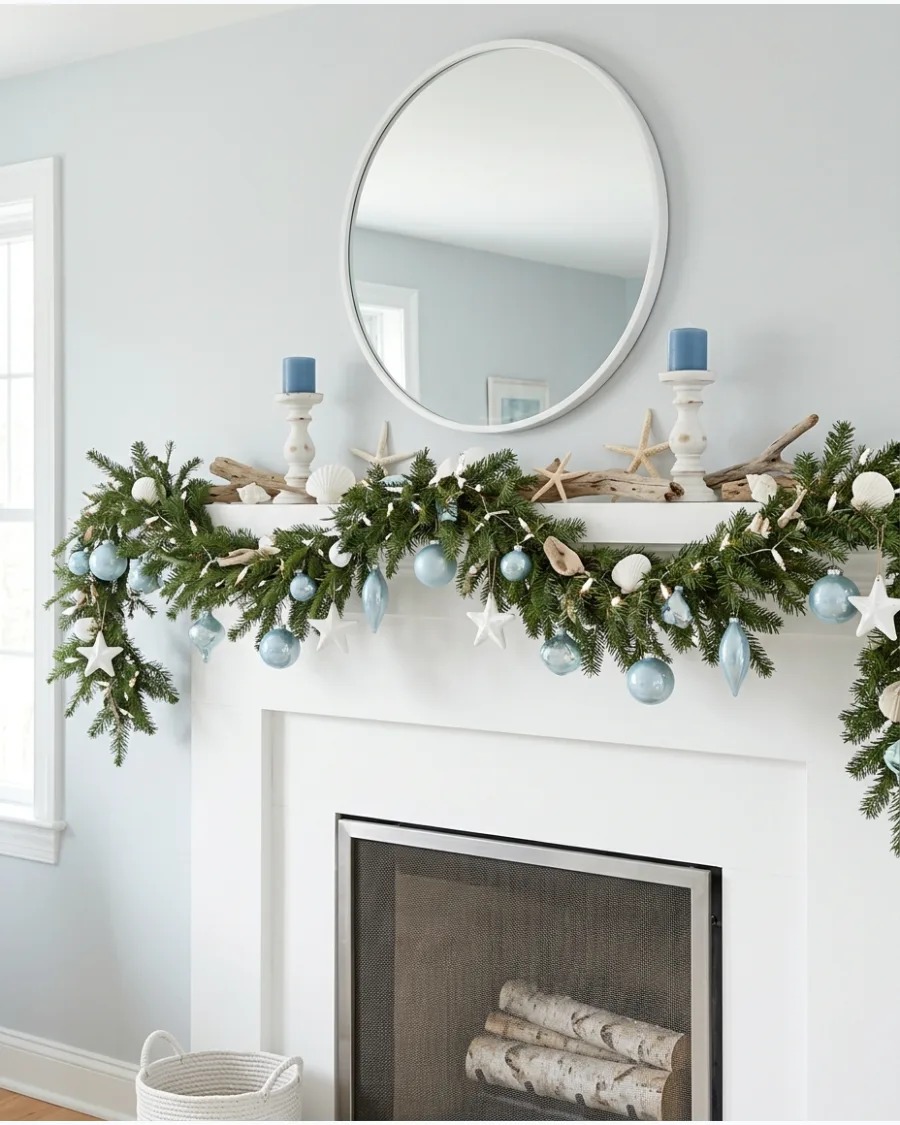 37. Coastal Blue and White Christmas Mantel