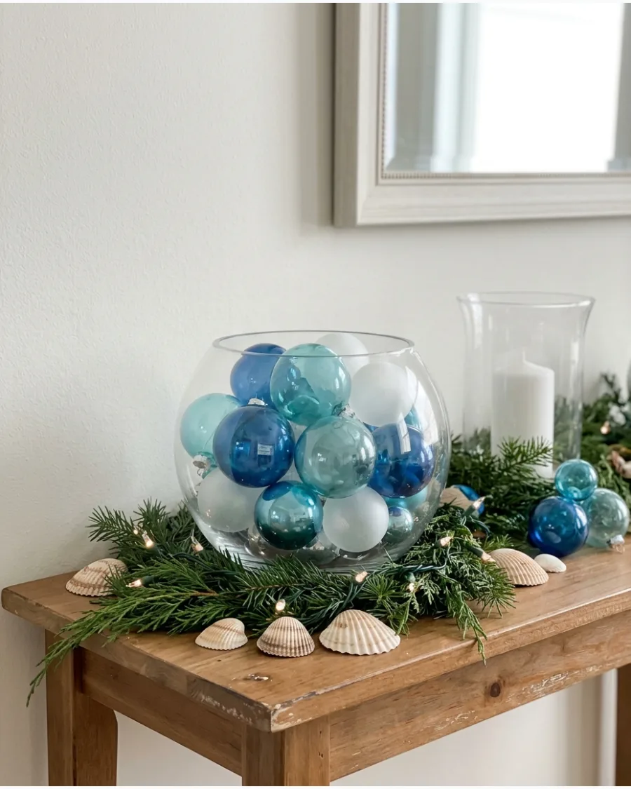 38. Blue Glass Ornament Coastal Christmas Display