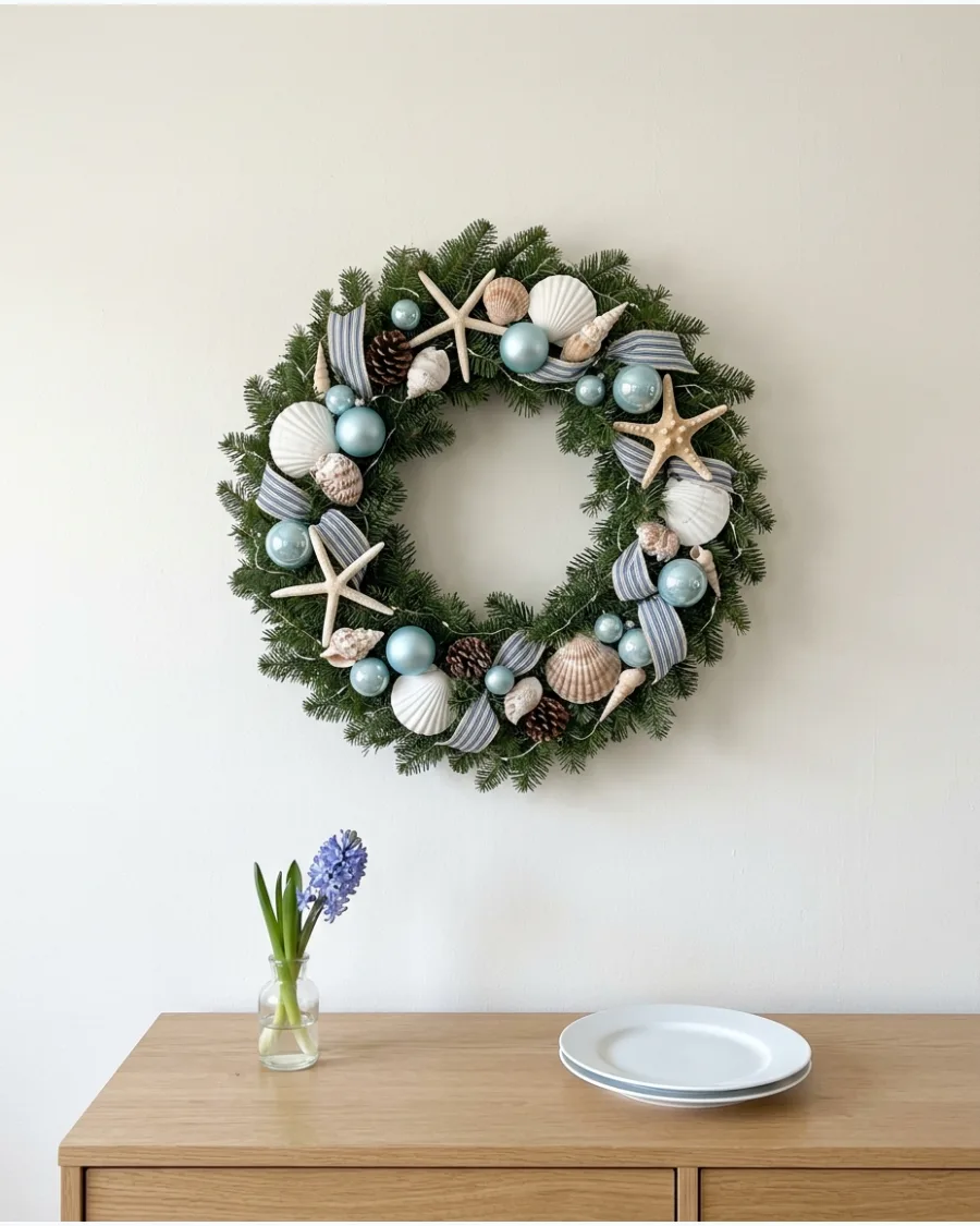 39. Blue and White Seashell Christmas Wreath