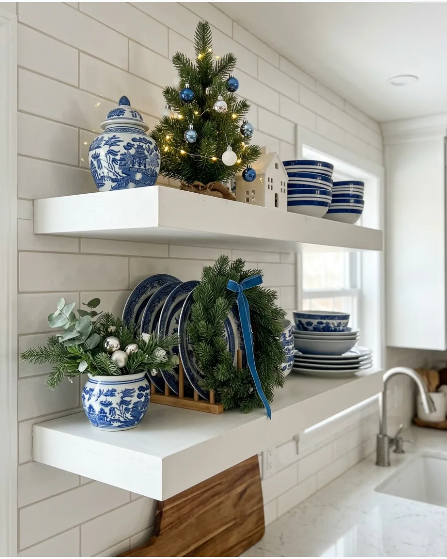 42. Blue and White Christmas Kitchen Shelves