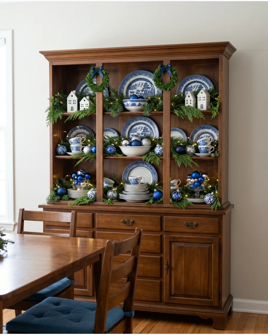 44. Blue and White Christmas Hutch Display