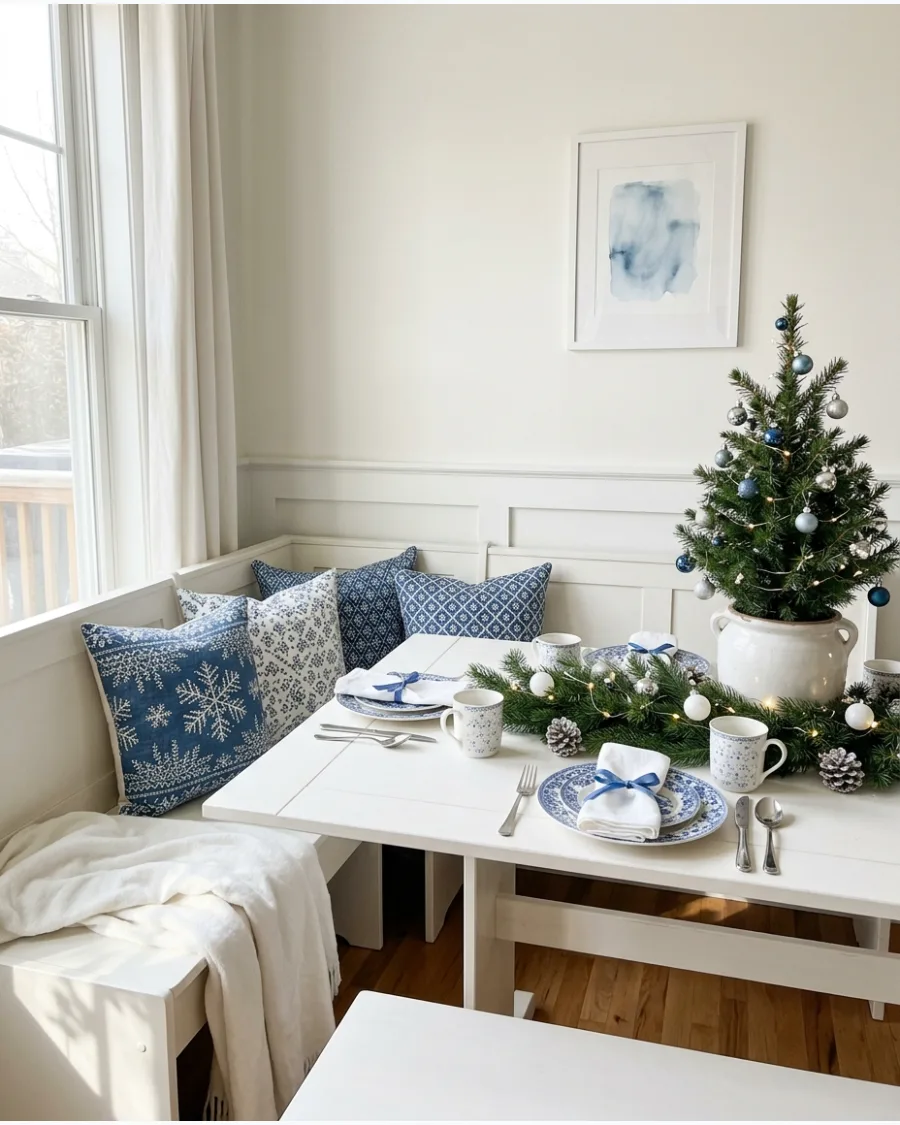 45. Blue and White Christmas Breakfast Nook