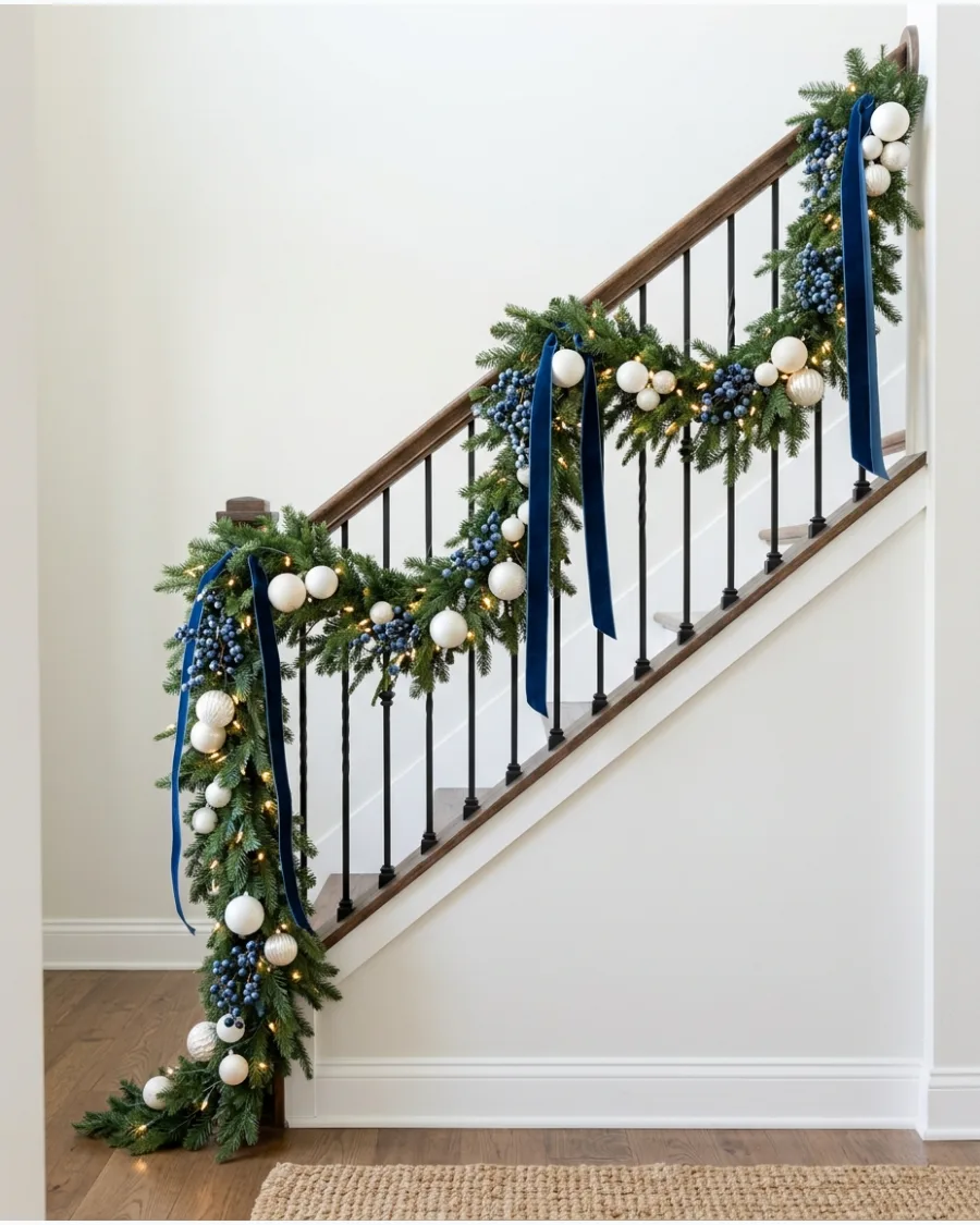 49. Blue and White Christmas Staircase Garland