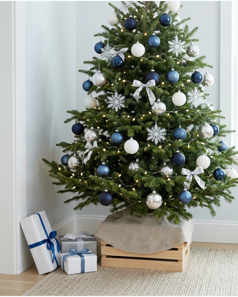 6. Blue, White, and Silver Christmas Tree