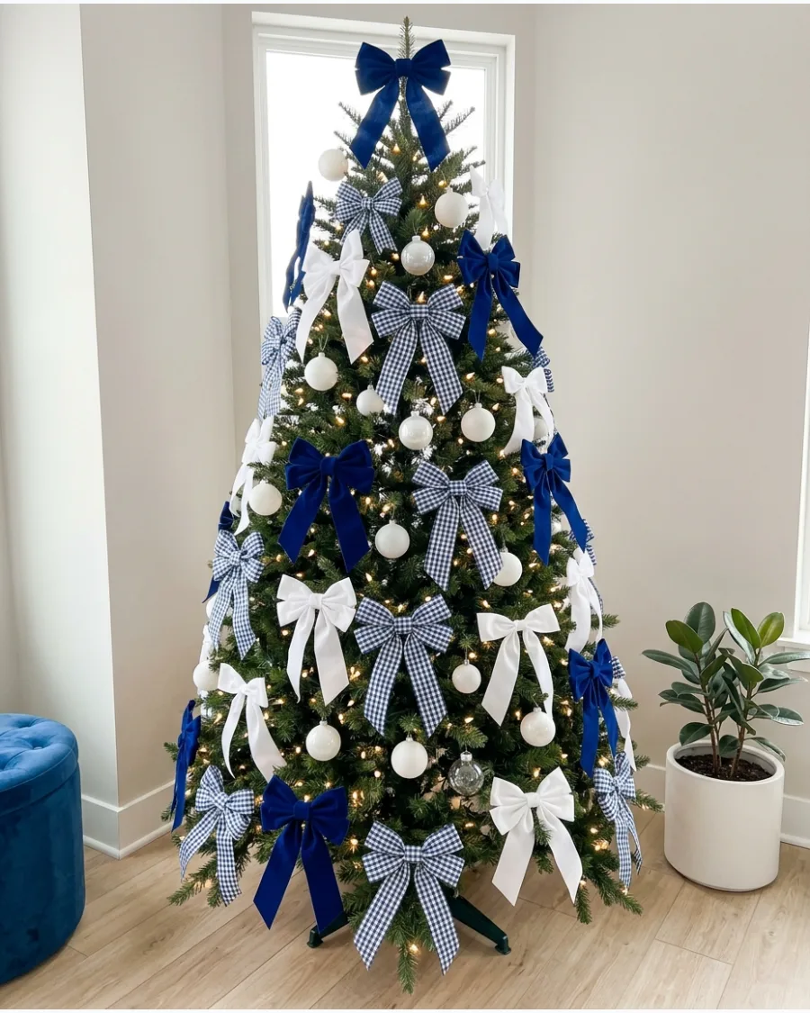 8. Blue and White Bow Christmas Tree