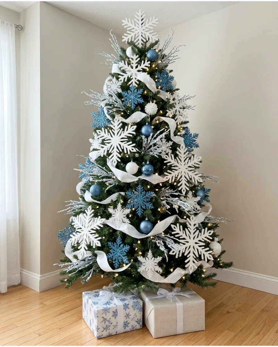 9. Blue and White Snowflake Christmas Tree