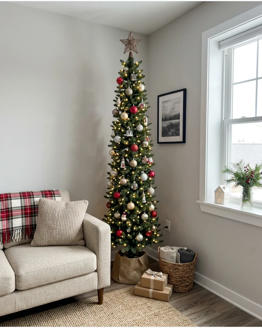 1. Slim Pencil Christmas Tree in the Living Room Corner