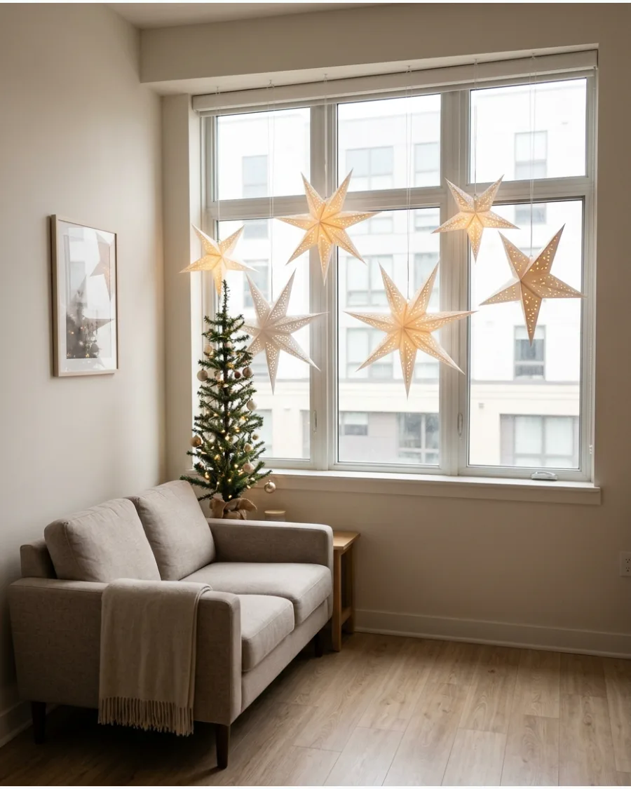27. Hanging Paper Stars in Apartment Windows