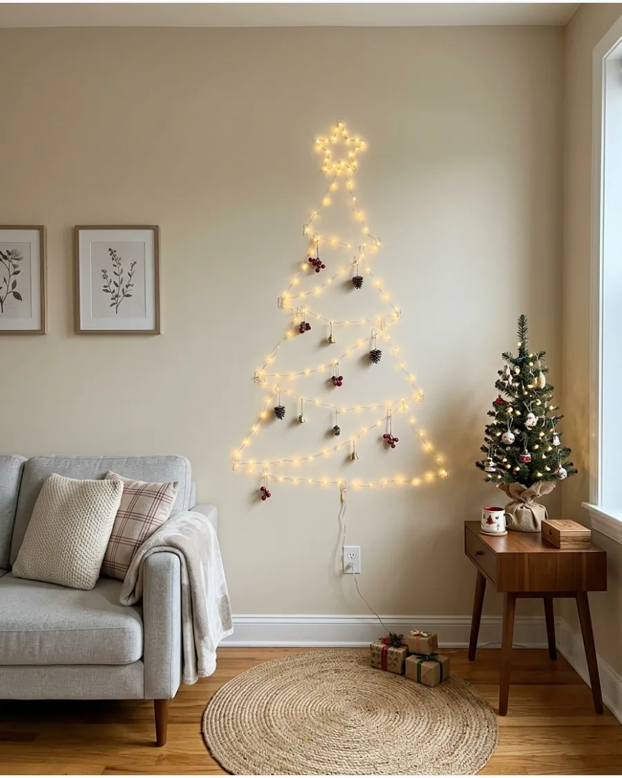 3. Fairy Light Christmas Tree on the Wall