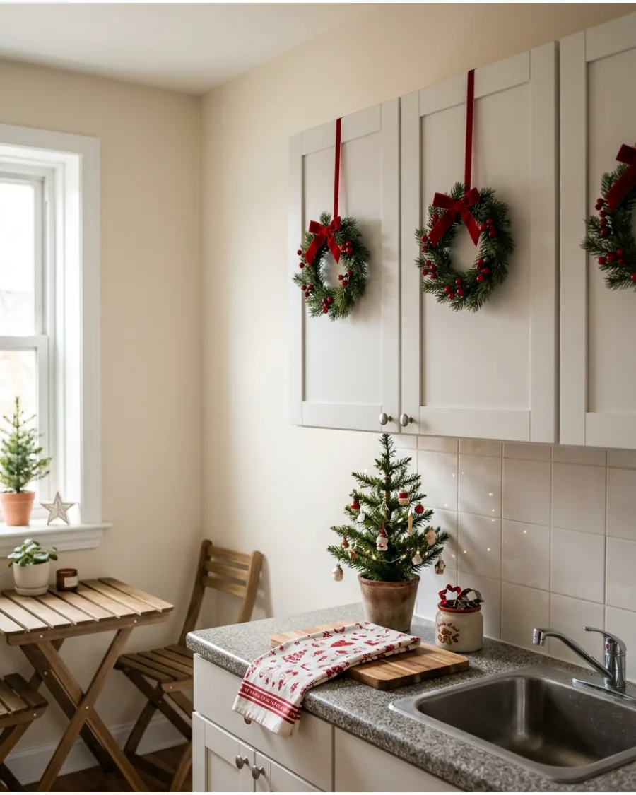 32. Mini Christmas Wreaths on Kitchen Cabinets