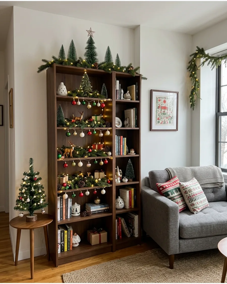 9. Bookshelf Christmas Tree Display