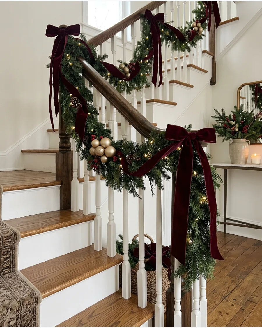 12. Burgundy Velvet Christmas Bannister