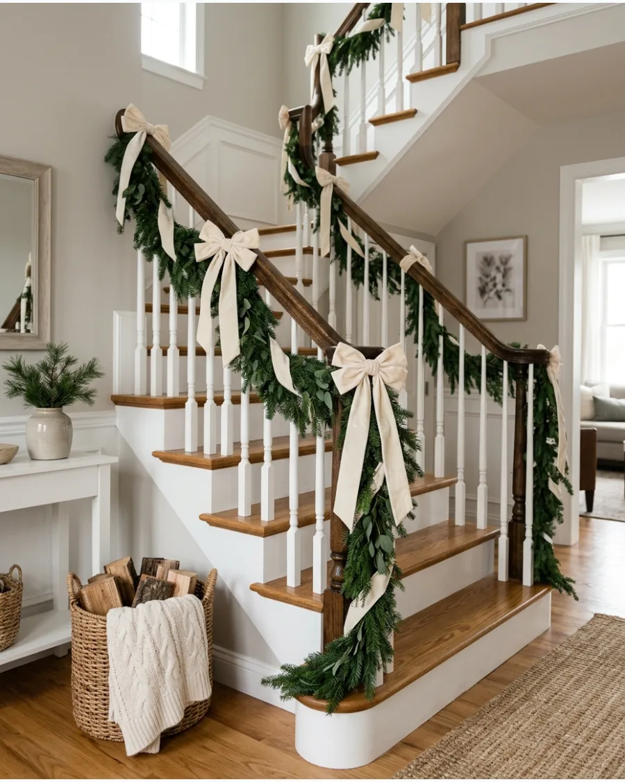 16. Cream Velvet Ribbon Christmas Bannister