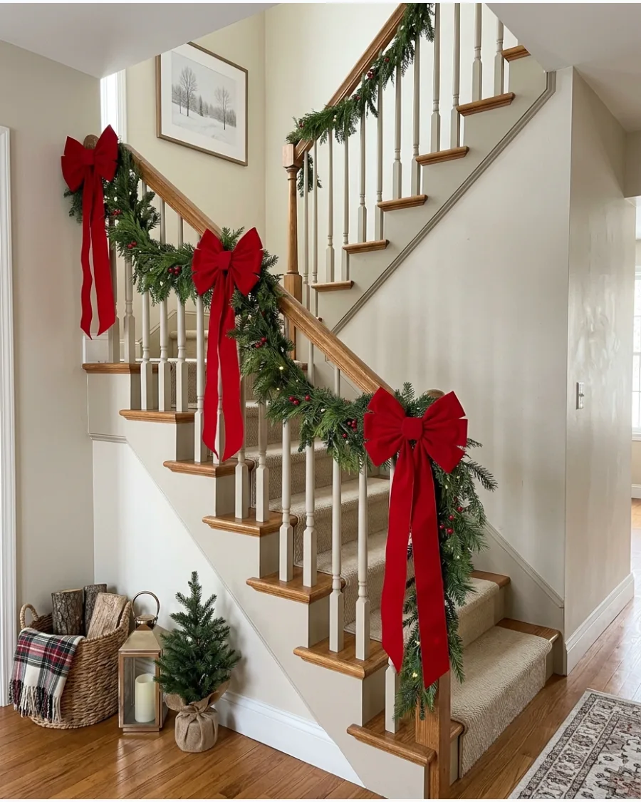 2. Red Bow Christmas Bannister