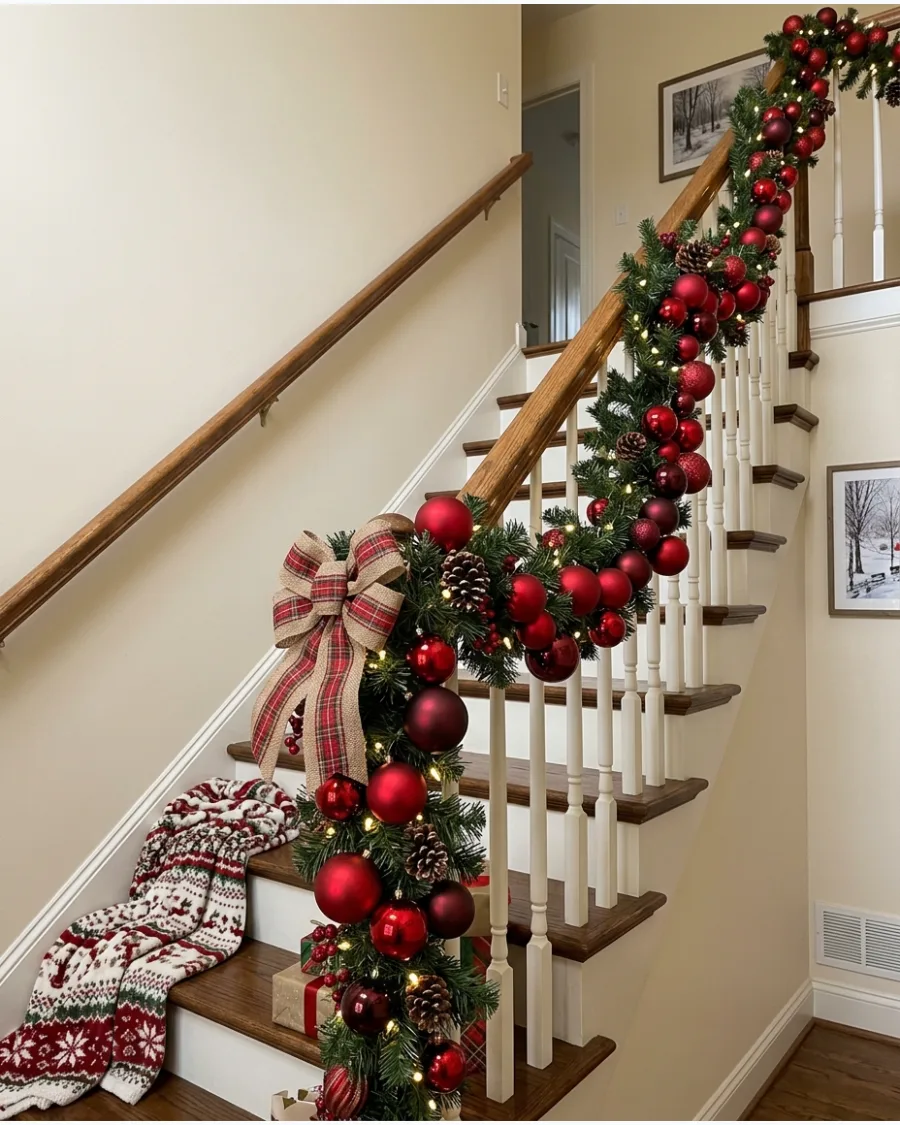 25. Red Ornament Christmas Bannister