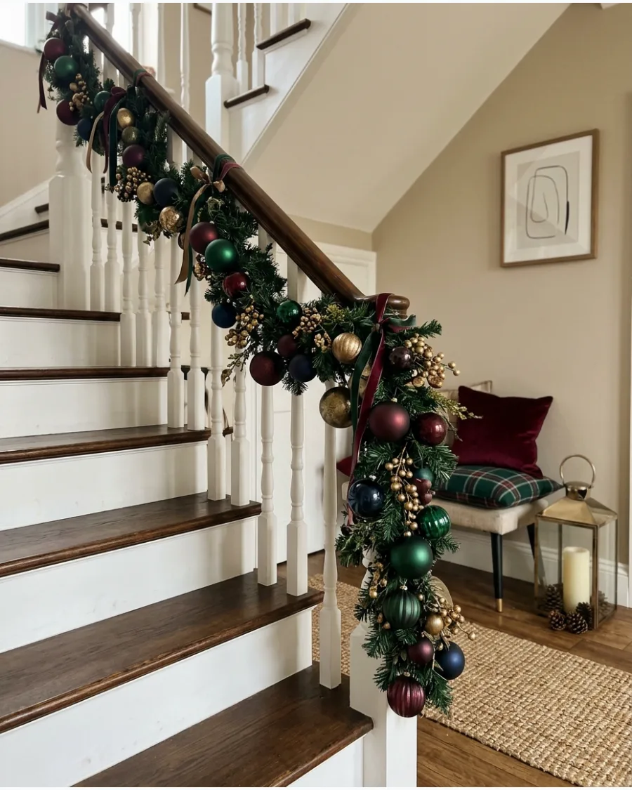 28. Jewel-Tone Christmas Bannister