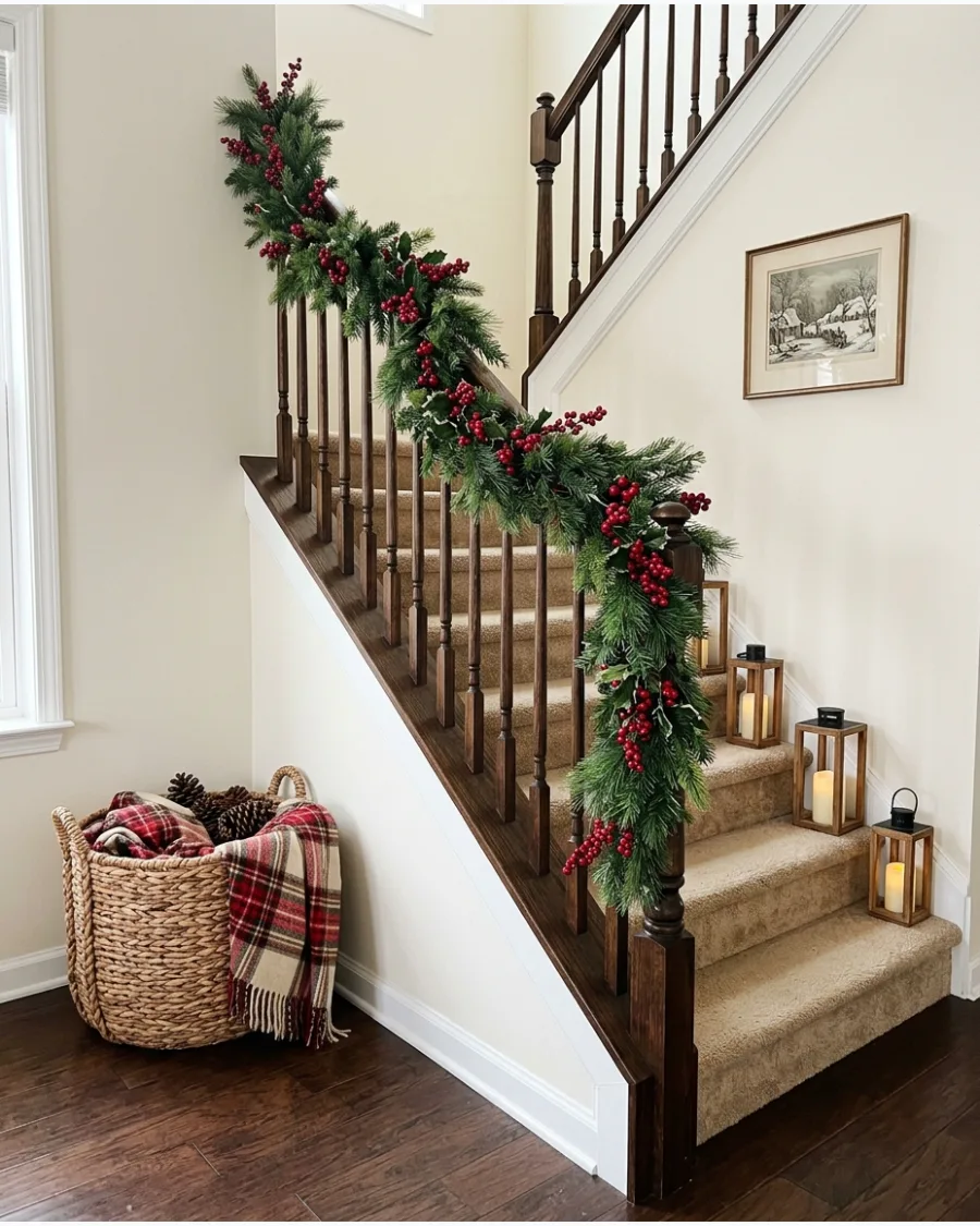 3. Red Berry and Pine Christmas Bannister