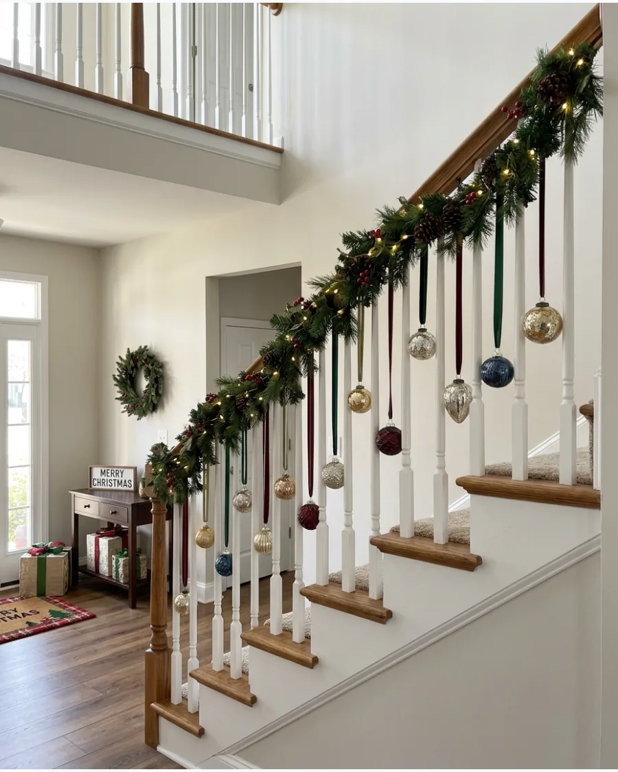 30. Cascading Ornament Christmas Bannister