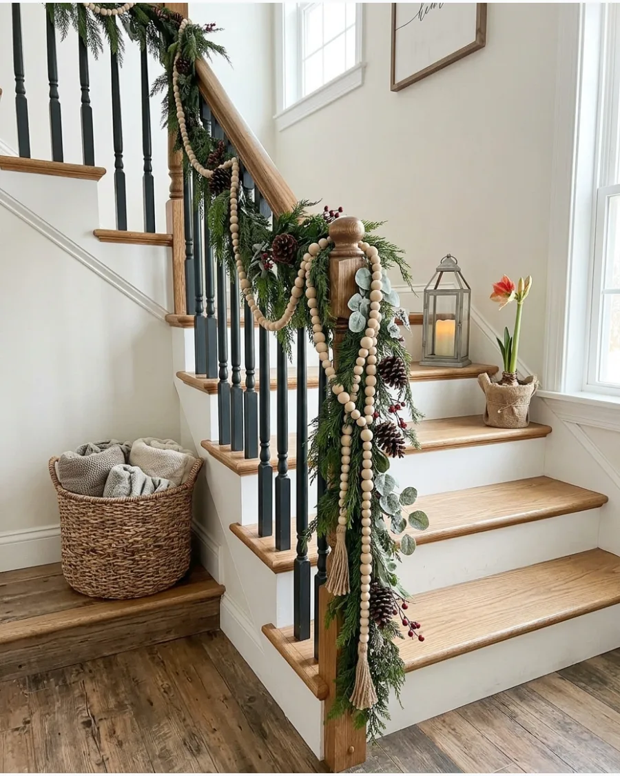 34. Farmhouse Christmas Bannister With Wood Beads