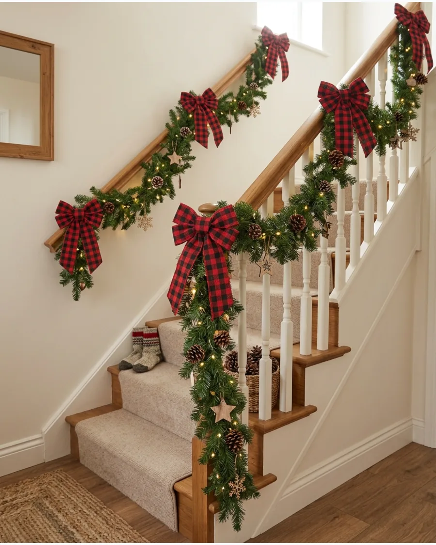 35. Buffalo Plaid Christmas Bannister