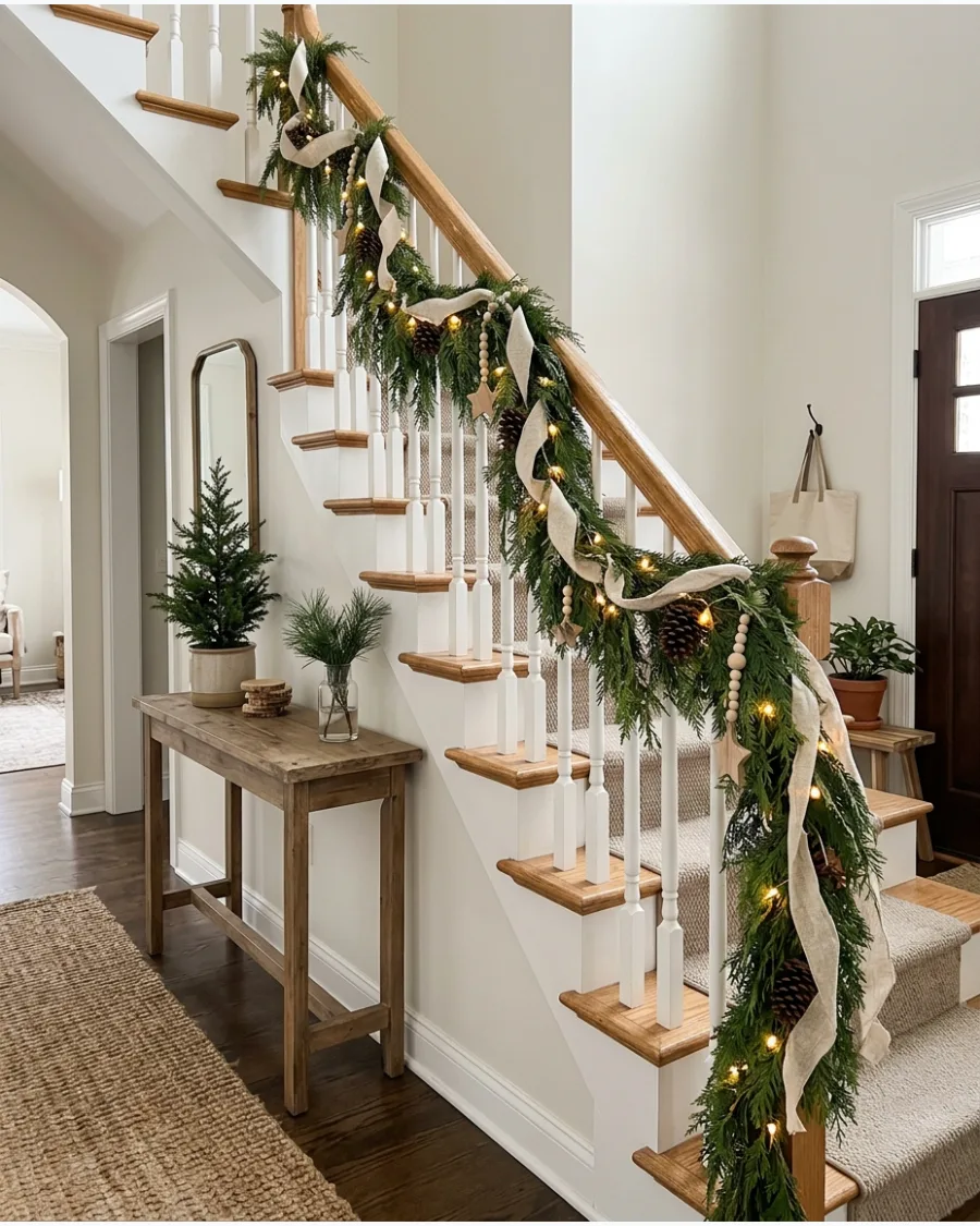 37. Neutral Farmhouse Christmas Bannister
