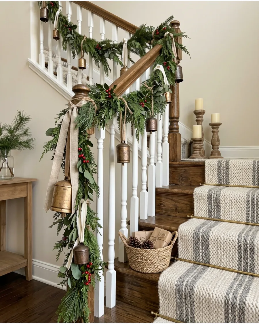 38. Rustic Bell Christmas Bannister
