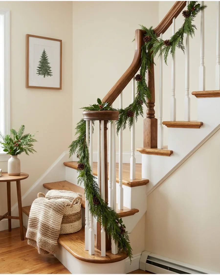 41. Minimal Green Garland Christmas Bannister