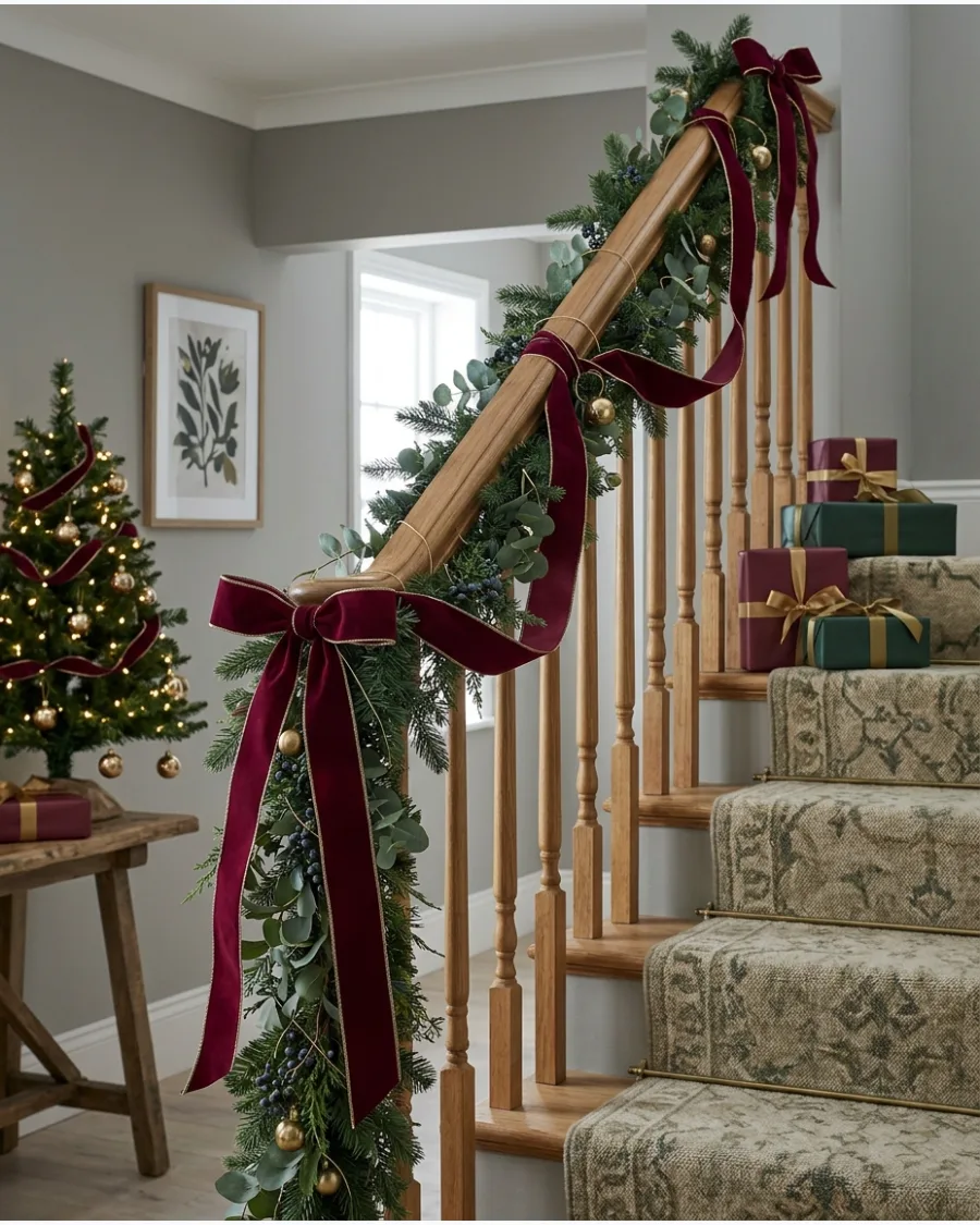 43. Burgundy and Forest Green Christmas Bannister