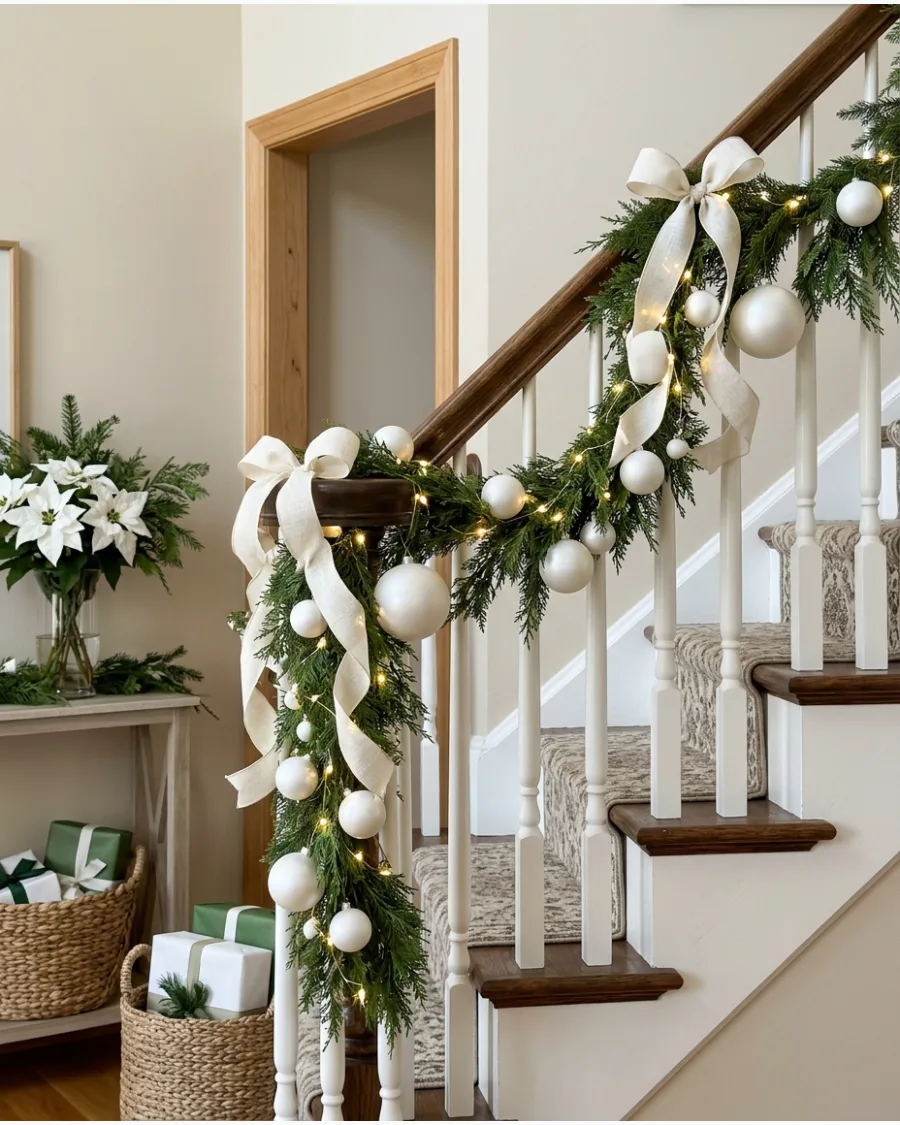 46. White and Green Christmas Bannister