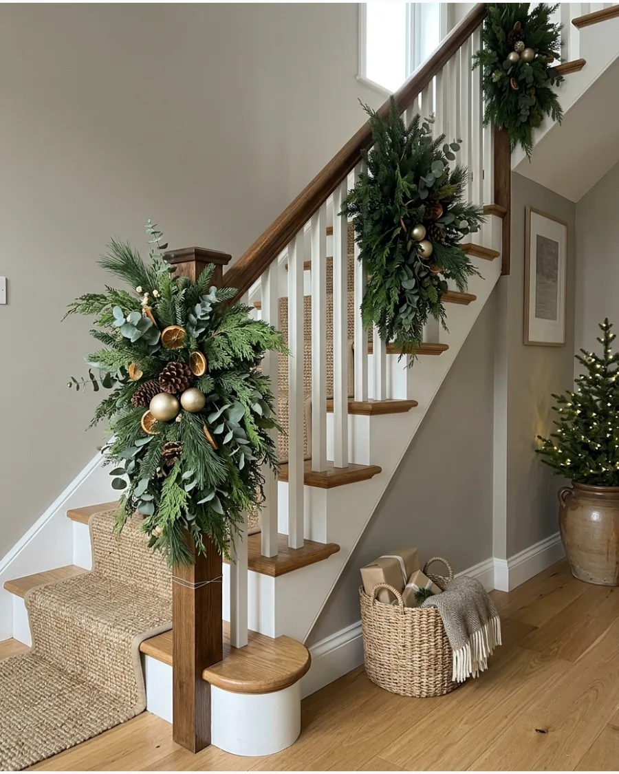49. Sculptural Greenery Christmas Bannister