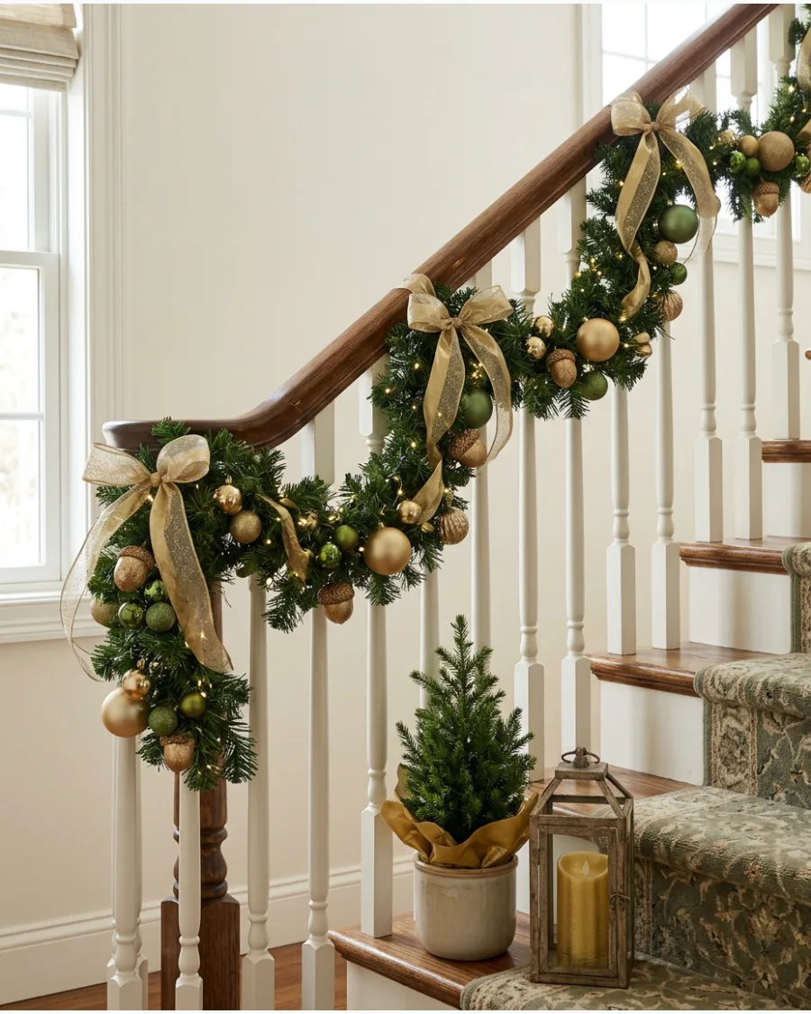 6. Green and Gold Christmas Bannister