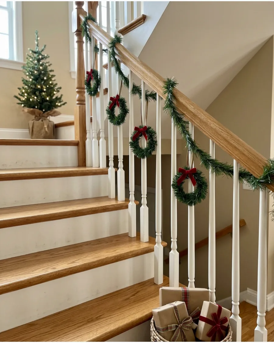 7. Christmas Bannister With Mini Wreaths