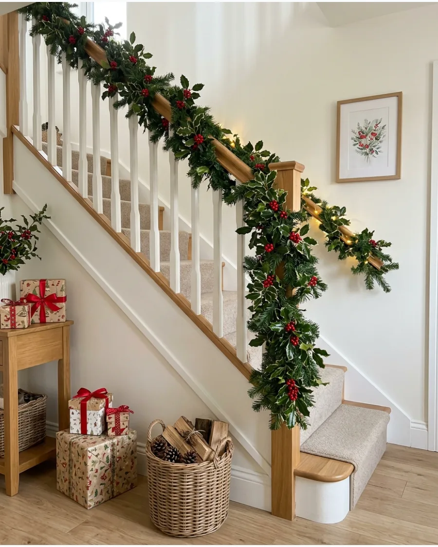 8. Holly and Evergreen Christmas Bannister