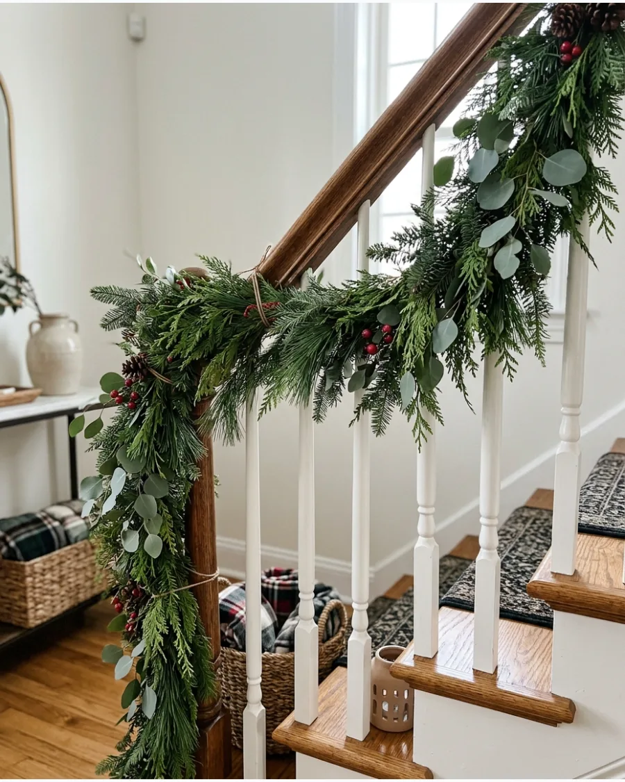 9. Layered Greenery Christmas Bannister