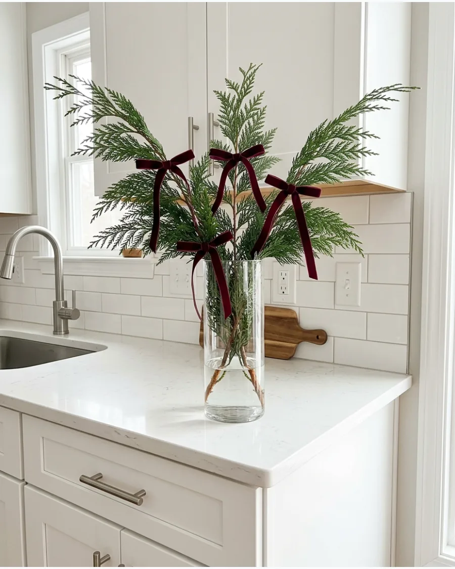 23. Evergreen Branches With Burgundy Ribbon
