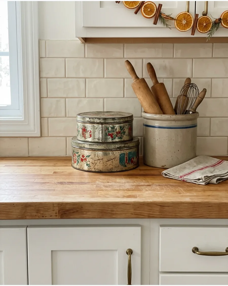 55. Cozy Vintage Christmas Countertop