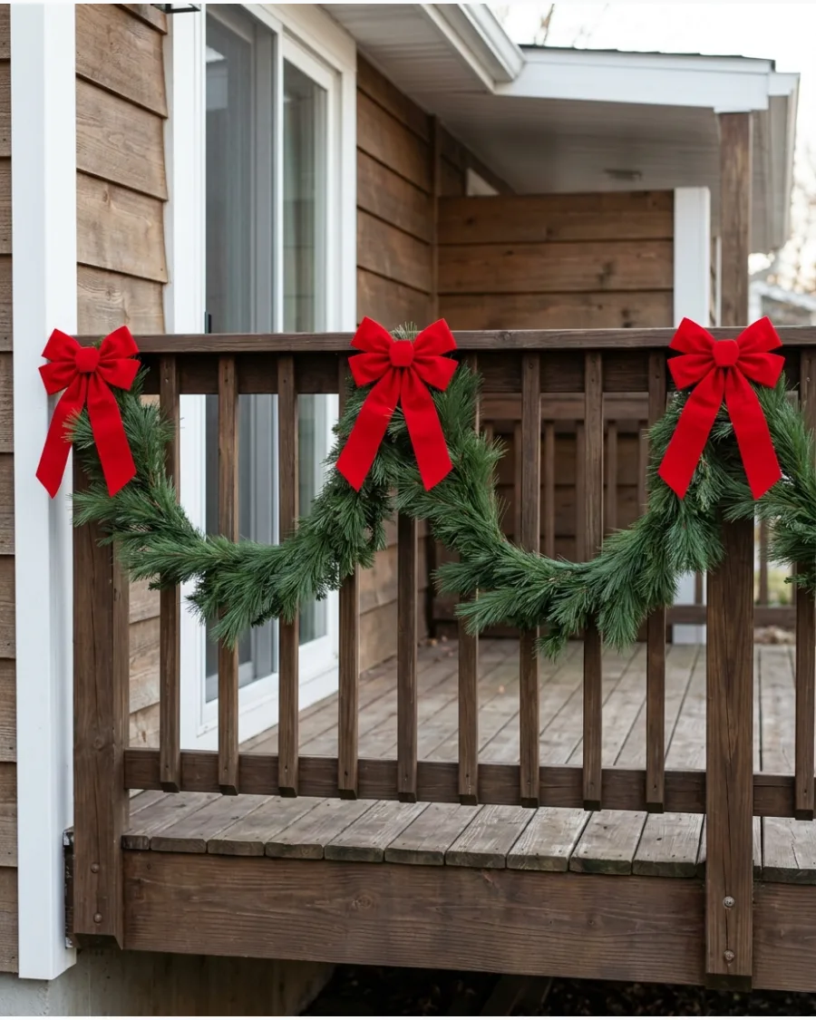 1. Classic Evergreen Garland Along the Deck Railing