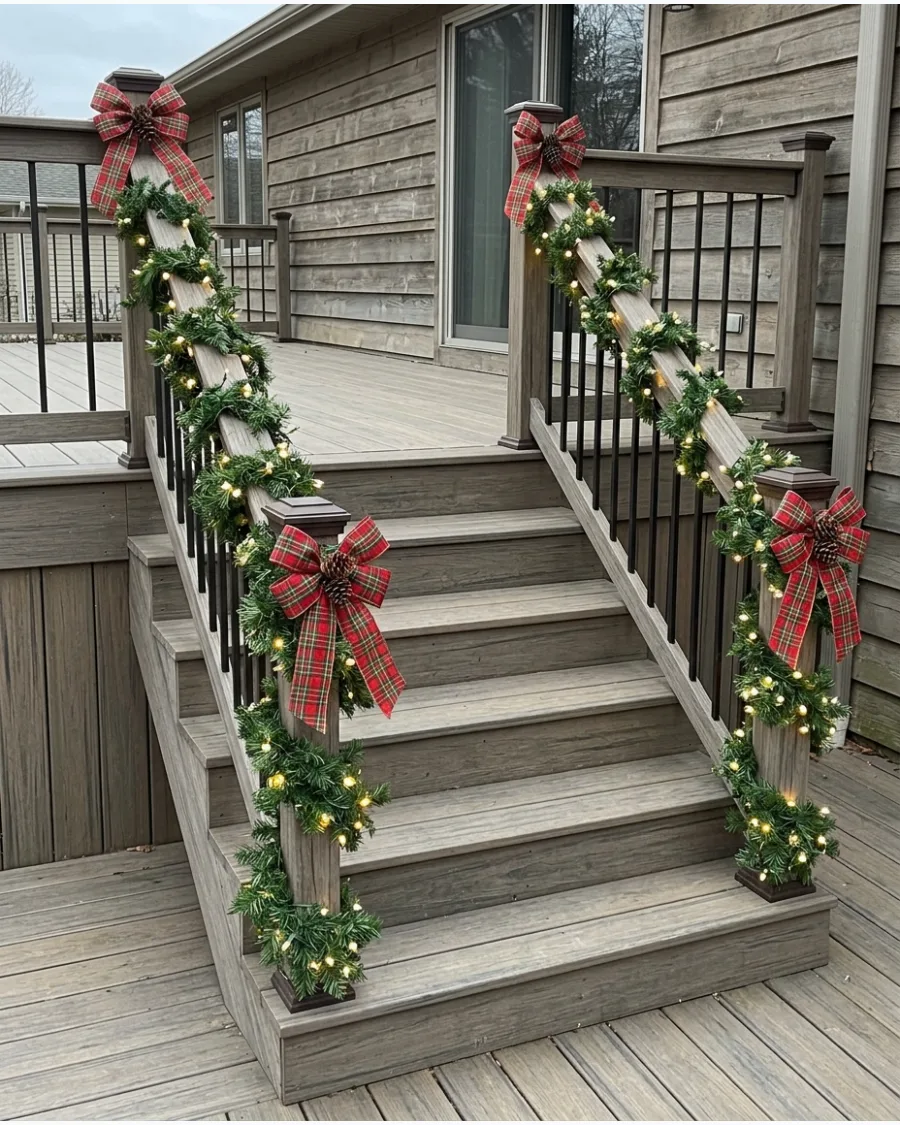 11. Garland-Wrapped Deck Stair Railings