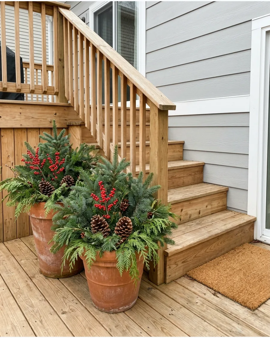 13. Evergreen Christmas Pots at the Bottom of the Stairs