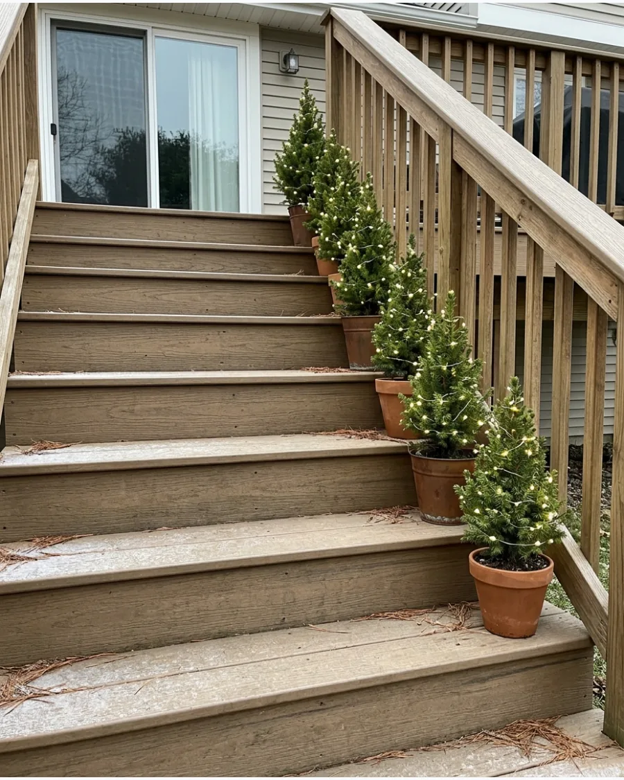 14. Lighted Mini Trees Along Wide Deck Steps